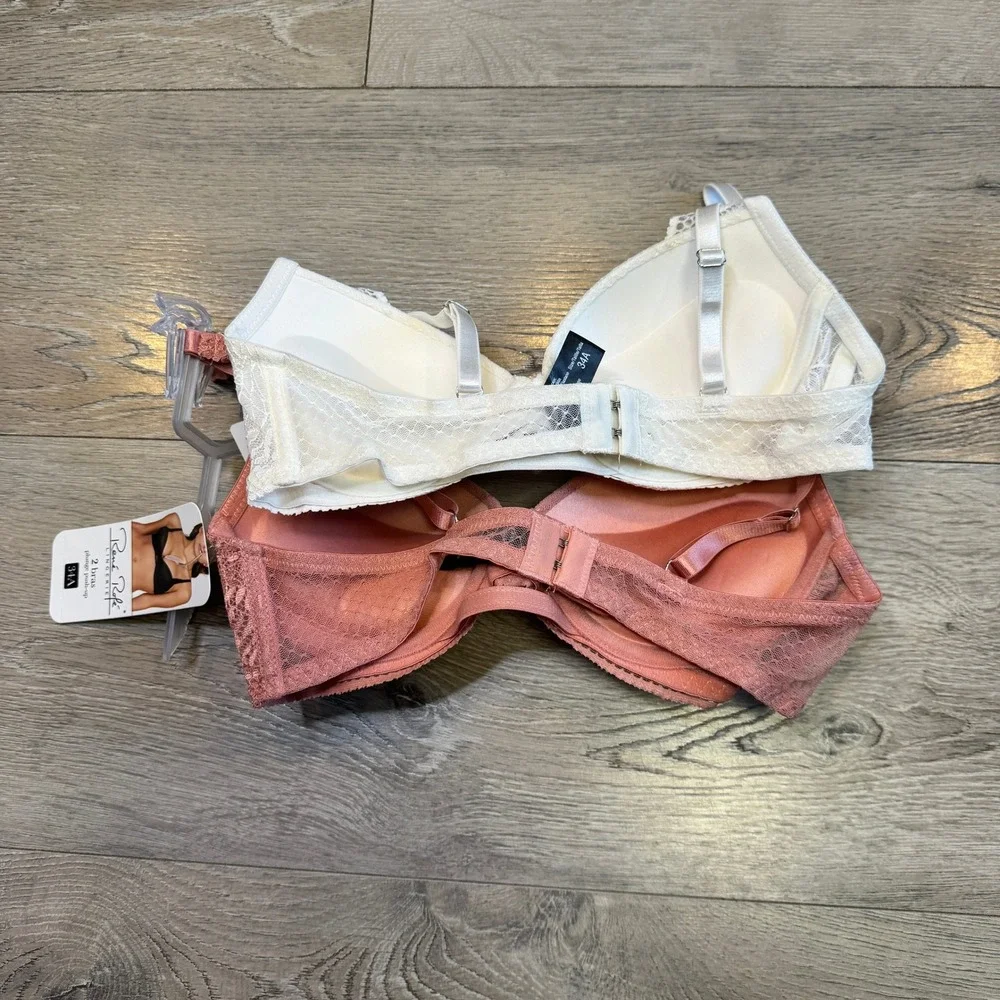 NWT Rene Rofe Lingerie 2 Pack Plunge Push Up Bras Rose Ivory Lace 34A - Picture 3 of 6